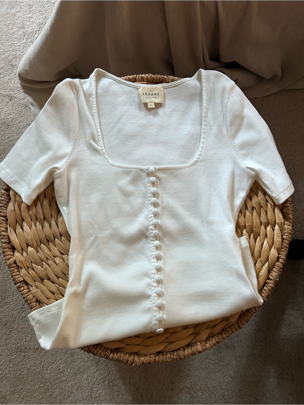 Sezane Cream Square-Neck Ribbed Button Tee - Picture 2 of 5